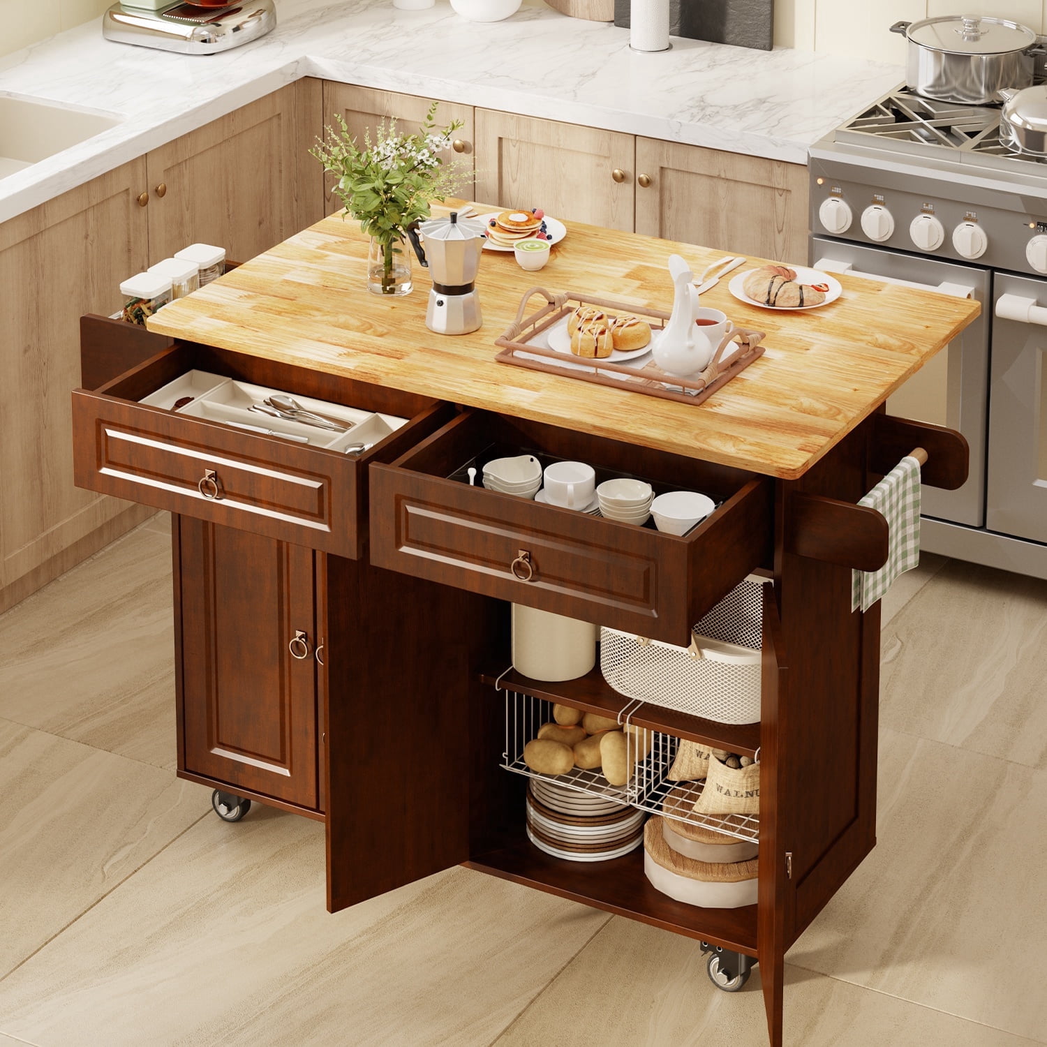 Noelse Rolling Kitchen Island Table with Storage, Drop Leaf Countertop, Kitchen Island with Rubber Wood Top, Cabinets & Rack, Brown