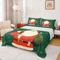 Homewish Cute Santa Claus Twin Sheet Sets, Vintage Green Red Christmas Twin Fitted Sheet, Western Winter Festival Flat Sheet, Microfiber Bedroom Decor, 3-Piece