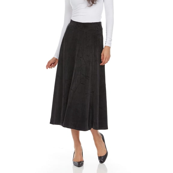 Velour Panel Midi Skirt For Women By BGDK- 33 Inch Length Pleated Skirt With Elastic Waist- Comfortable Fit And Flare Skirt- High Waist Flowy Skirt For Work, Office, Business, Church black small