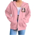 thumbnail image 5 of thefmos Women's Hooded Zip Up Long Sleeve Halloween Print Jacket with Pocket Solid Color Casual Outerwear Fashion Fall Winter Outfit, Pink M, 5 of 8