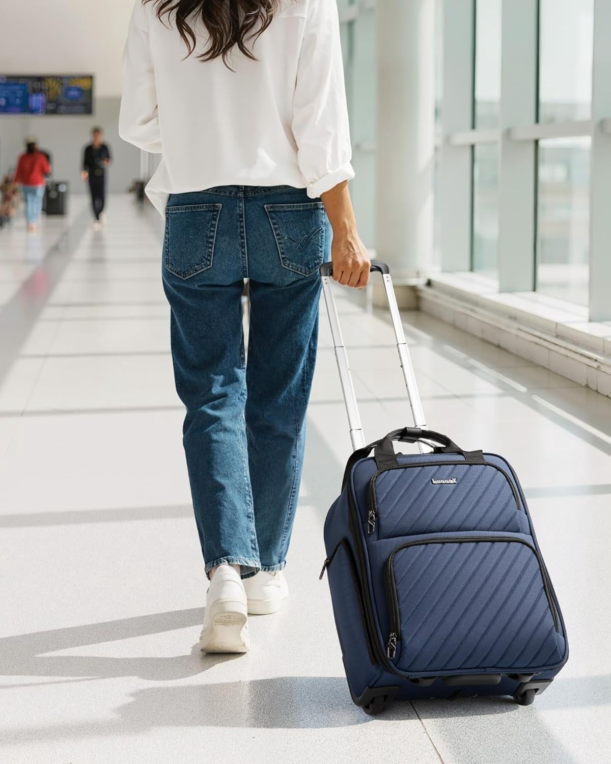 Underseat Carry On Luggage with Wheels, UDK-Plus Large-Capacity Lightweight Soft Sided Personal Item Suitcase for Short Trips (UX-Plus, Blue Black, 16 Inch)