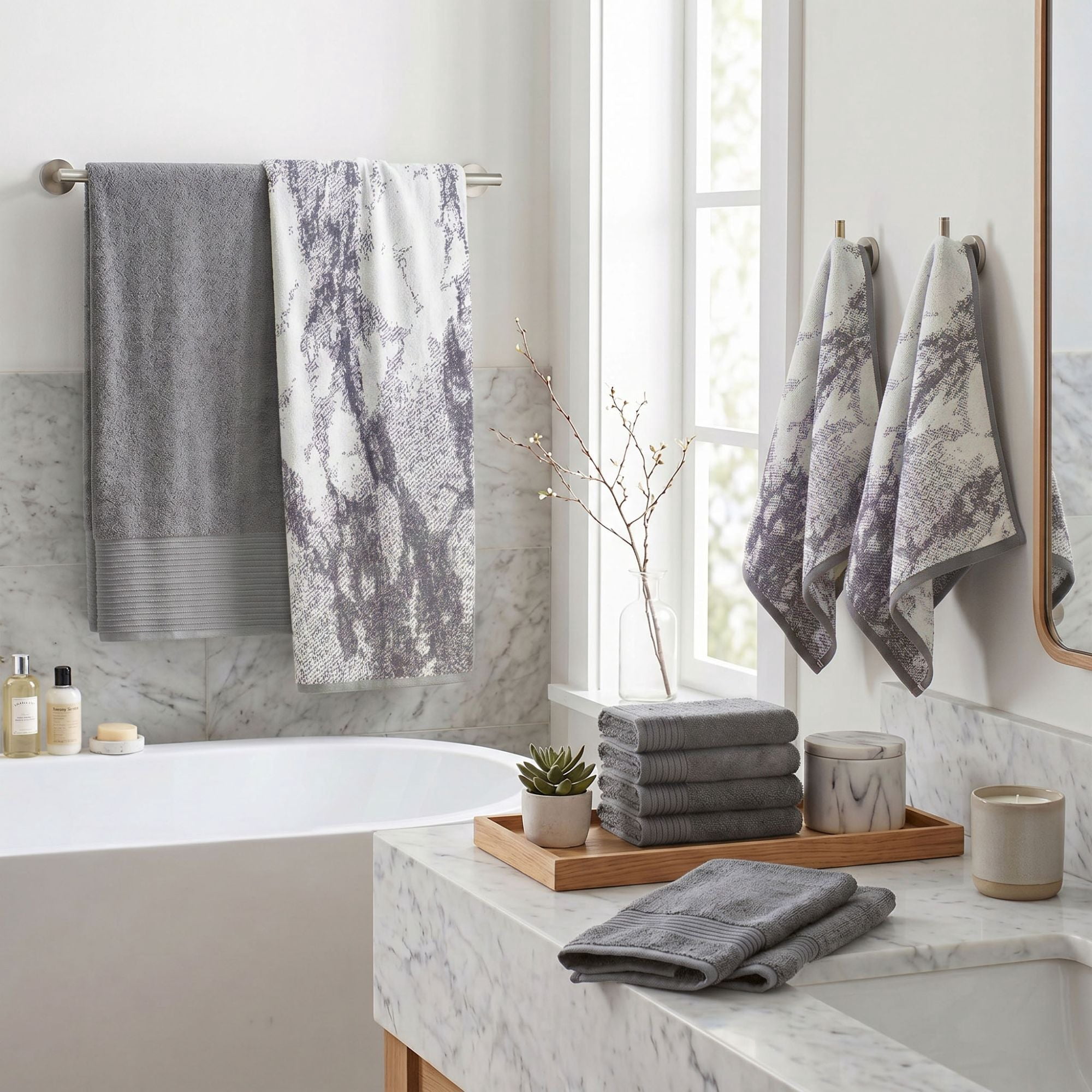 Superior Marble and Solid Jacquard Assorted Cotton 10 Piece Towel Set, Ivory - Charcoal