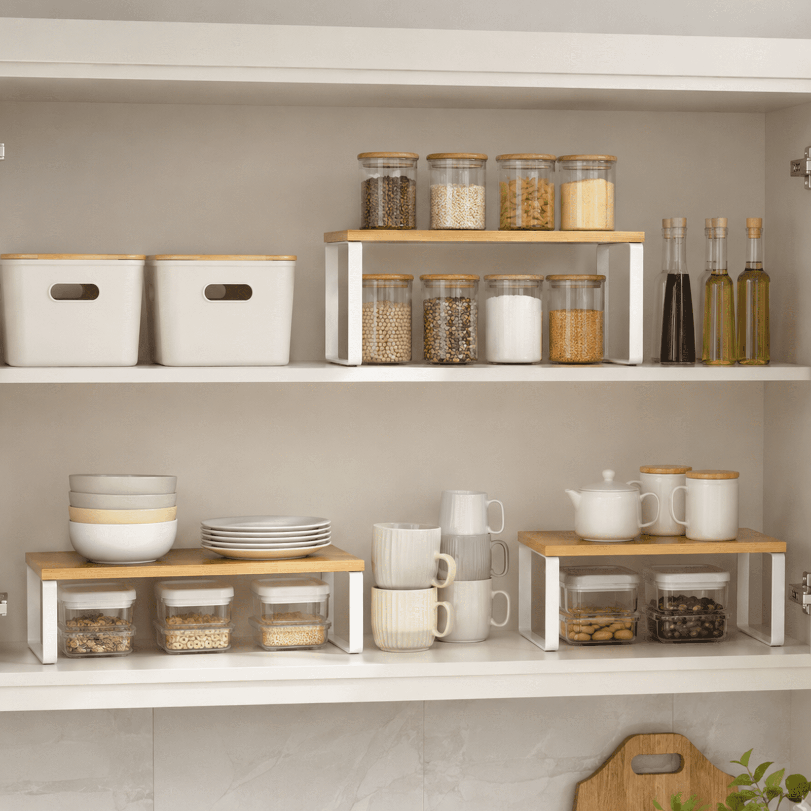 Koomade 2 Pack Cabinet Organizers Shelves, Kitchen Countertop Storage, Pantry Organizer, 11.7''W, Bamboo wood tone + White