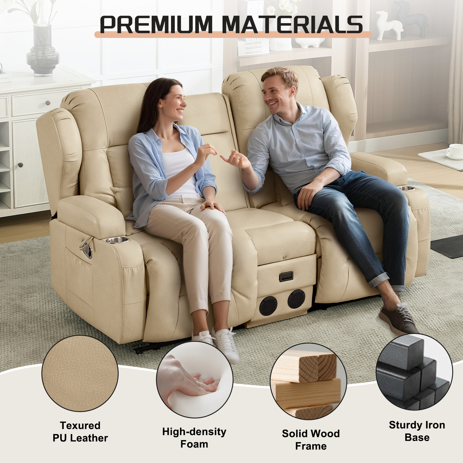 IPKIG 67.7" Manual Double Recliner Loveseat Sofa with Console, Cup Holders, Bluetooth Speakers, USB Ports & AC Outlets, Leathaire Beige