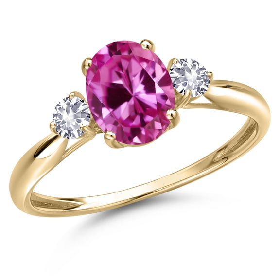 Gem Stone King 10K Yellow Gold Pink Created Sapphire and White Created Sapphire 3-Stone Ring for Women | 1.91 Cttw | Oval 8X6MM | Gemstone September Birthstone | Size 9
