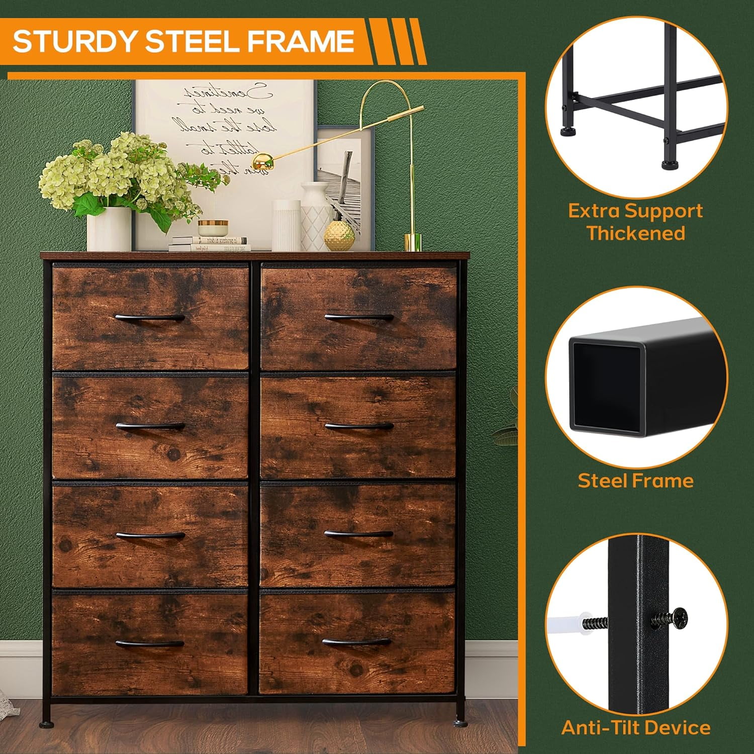 8 Drawer Dresser, Tall Chest Of Drawers Nightstand Storage Tower Storage Dresser Fabric Dresser With Wood Top for Living Room, Bedroom, Hallway, , Rust