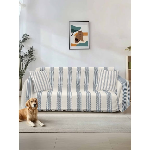 Blue Striped Couch Cover for Dogs, Modern Stripes Farmhouse Washable Sofa Covers Slipcover for Pets Dogs Futon Cover, Couch Recliner Covers, Oversized Chair Slipcover 71"x91"