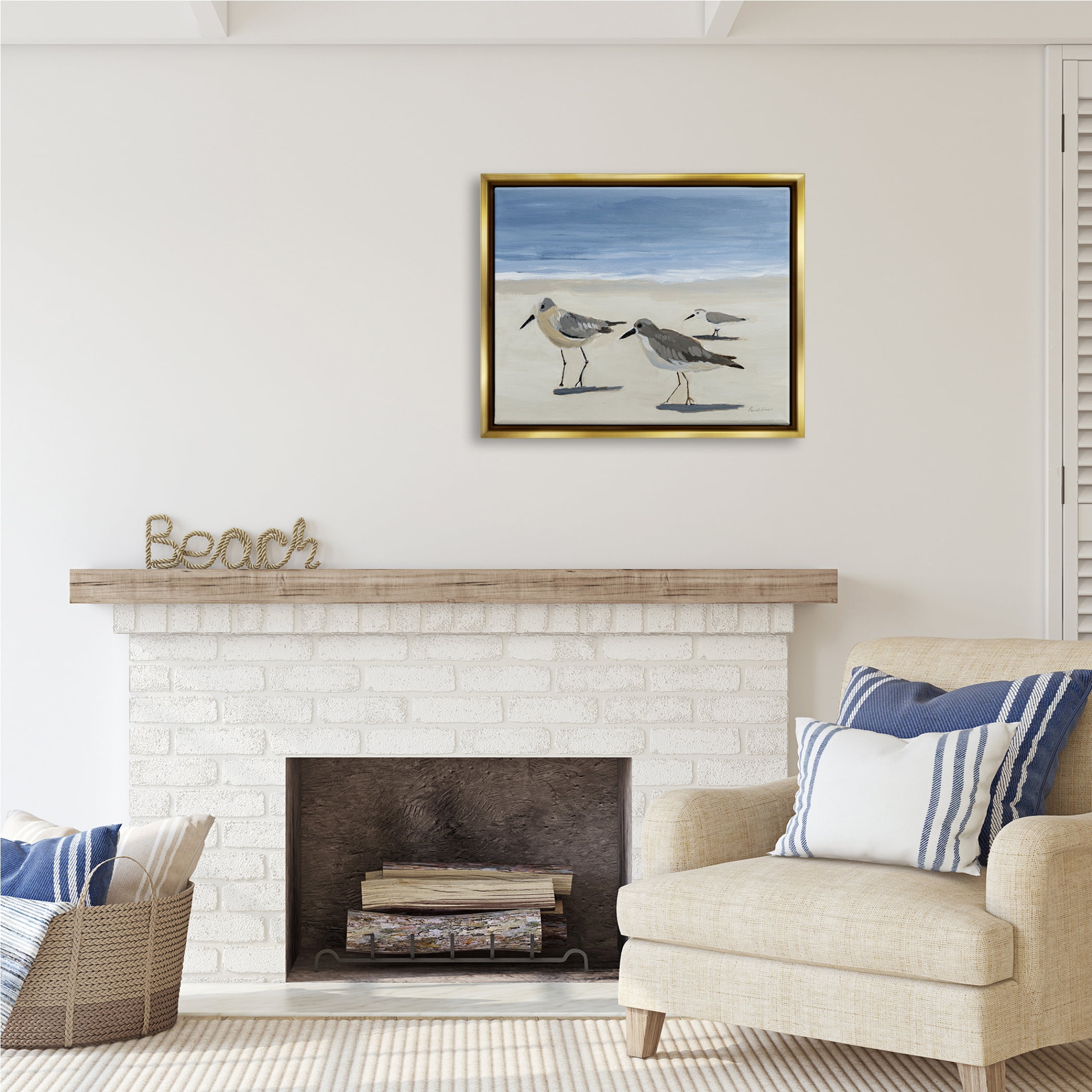 Stupell Industries Sandpipers on Shore Painting Animals & Insects Painting Gold Floater Framed Art Print Wall Art, 31 x 25