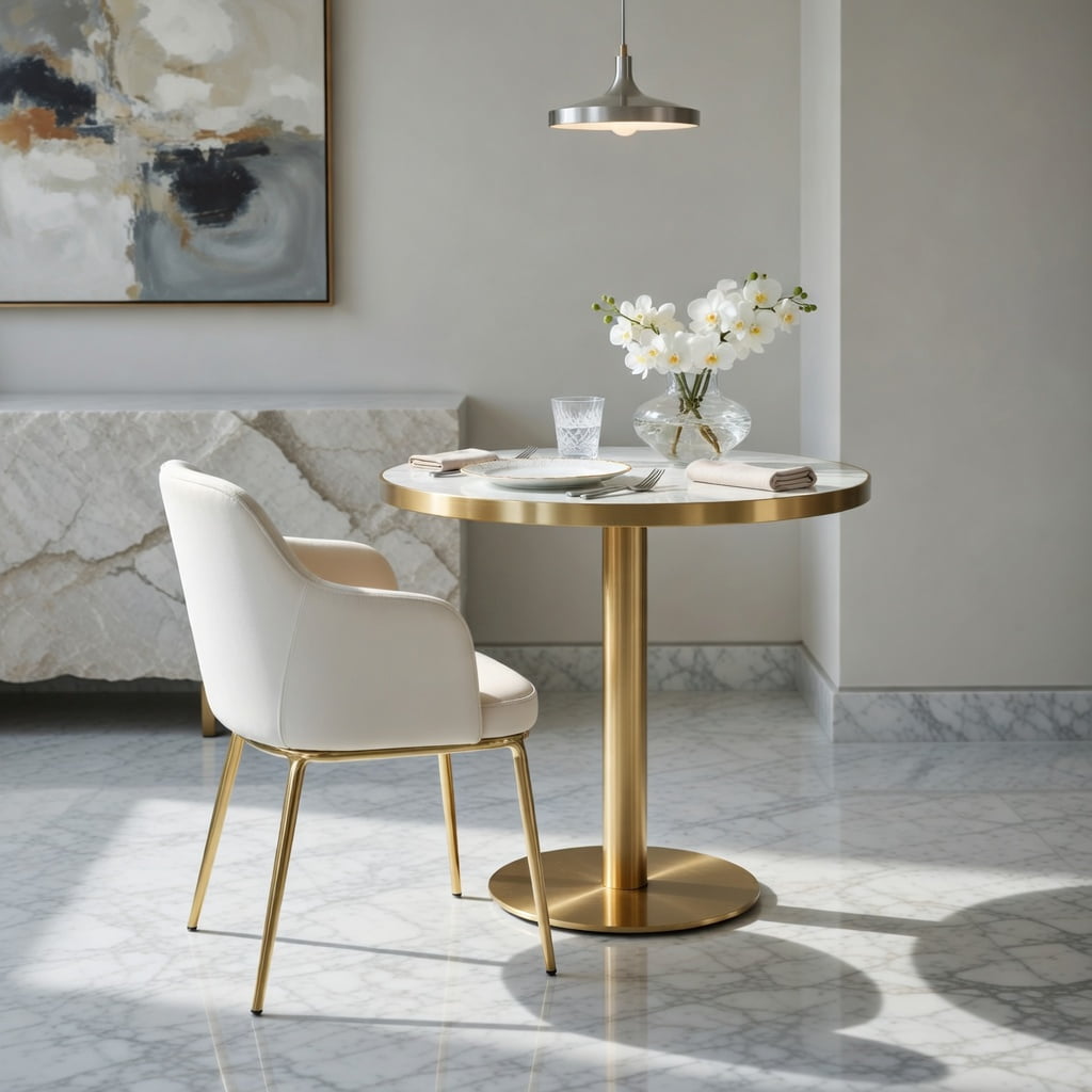 Hommoo 23.6 Inch Round Modern Light Luxury Table with Marble UV Finish & Stainless Steel Edge Banding, MDF Top, Metal Legs, Wobble-Free Design, White & Gold