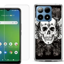 For Boost Mobile Summit 5G Shockproof Phone Case Cover with Tempered Glass Screen Protector, by OneToughShield - Grunge Skull