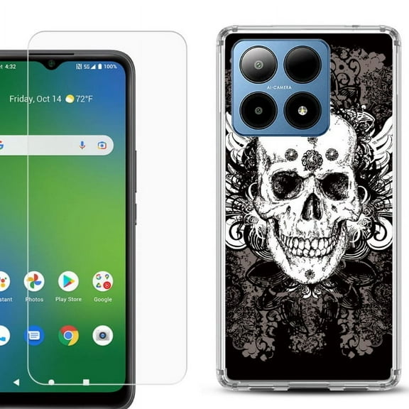 For Boost Mobile Summit 5G Shockproof Phone Case Cover with Tempered Glass Screen Protector, by OneToughShield - Grunge Skull