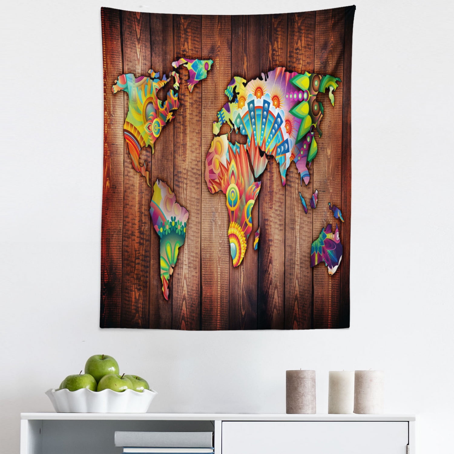 Boho Tapestry, World Map on Wooden Rustic Planks Abstract Countries in ...