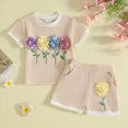 thumbnail image 2 of KPOPLK Baby Girl Summer Clothes 2 Piece Short Sleeve Waffle Knit Flower Embroidery with Elastic Waist Shorts Outfits Set 1t 2t 3t 4t 5t 6t(18-24 Months,Beige), 2 of 5