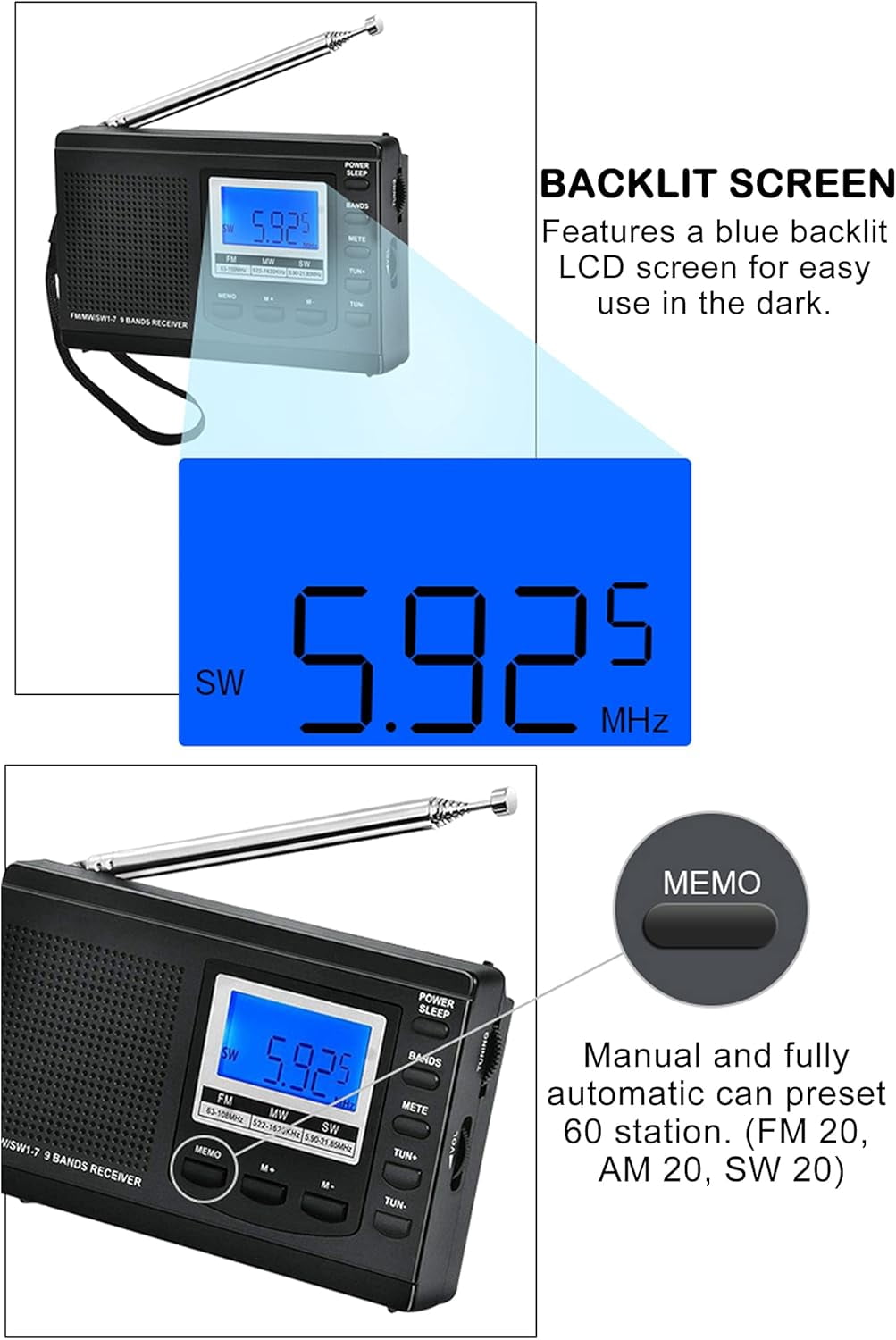 Professional DSP AM FM Shortwave Radio with 87 Presets, 7-Section Telescopic Antenna, Backlit LCD, Alarm & Sleep Timer, Battery or USB Powered for Emergency, Camping, Outdoor