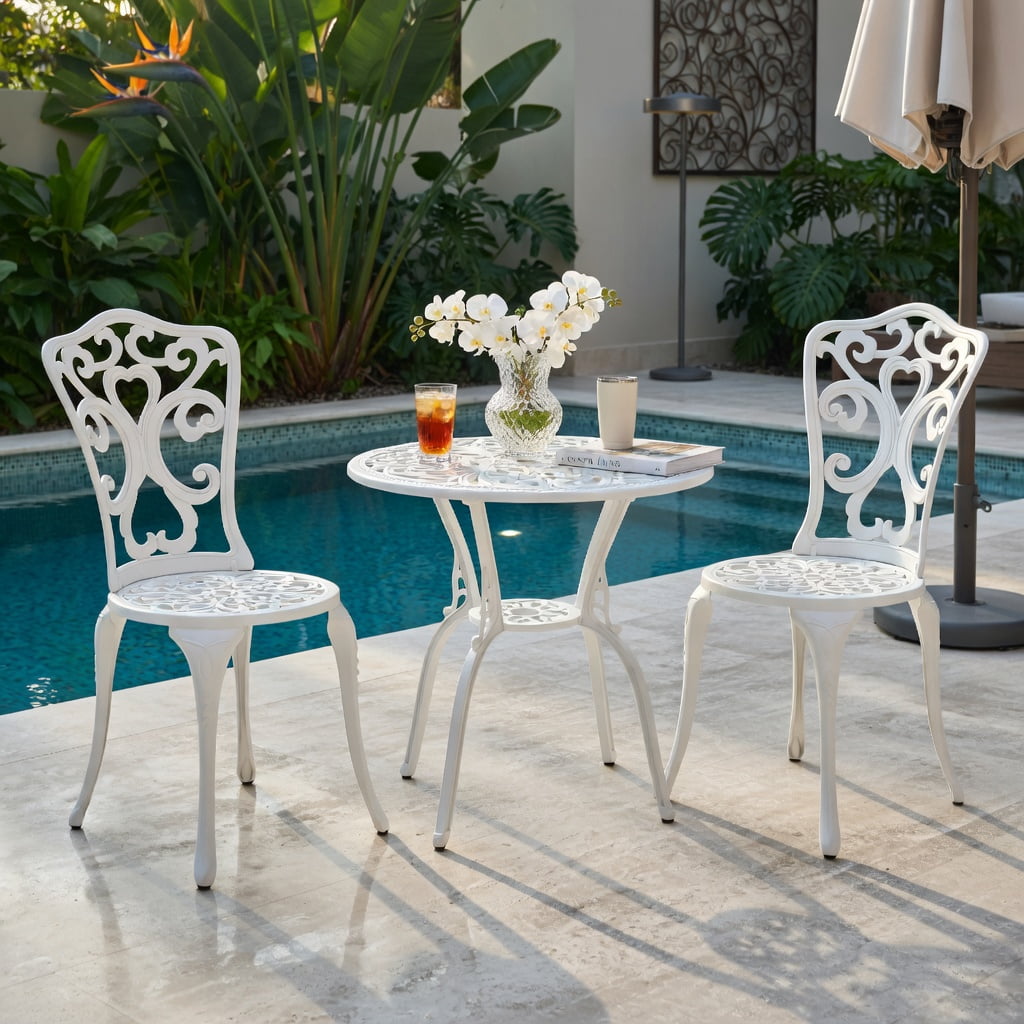 Hommoo 3-Piece Cast Aluminum All-Weather Bistro Set, Patio Table & 2 Chairs with 2-Inch Umbrella Hole, Rust-Resistant Outdoor Furniture for Garden, Poolside & Balcony, White