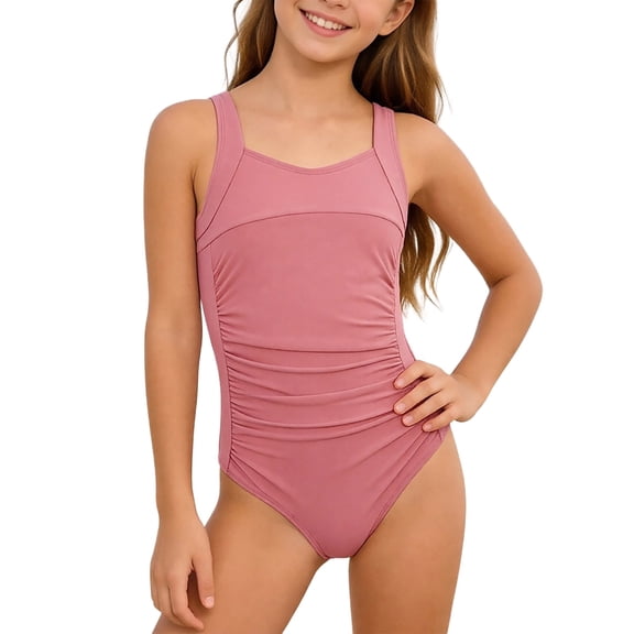 Rggeeun Toddler Girls Swimwear Square Collar Sleeveless Solid Color Hem Pleated Swimming Fit For Pool Sprots And Seasides Activities,Pink,10