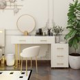 thumbnail image 3 of Velvet Upholstered Vanity Desk with Chair, Vanity Set with 5 Big Drawers, Makeup Table with Padded Chair, Marble-Look Sticker Top Dressing Table with Left/Right Adjustable Storage, Beige, 3 of 13