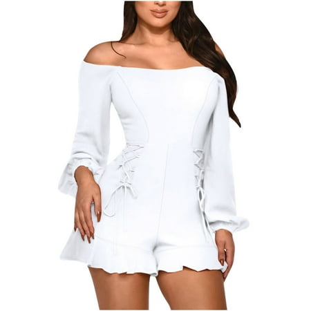 

Dasayo White Cute Rompers for Women Women s Fashion Casual Solid Long Sleeve One Shoulder Lace-Up Hem Ruffle Jumpsuit