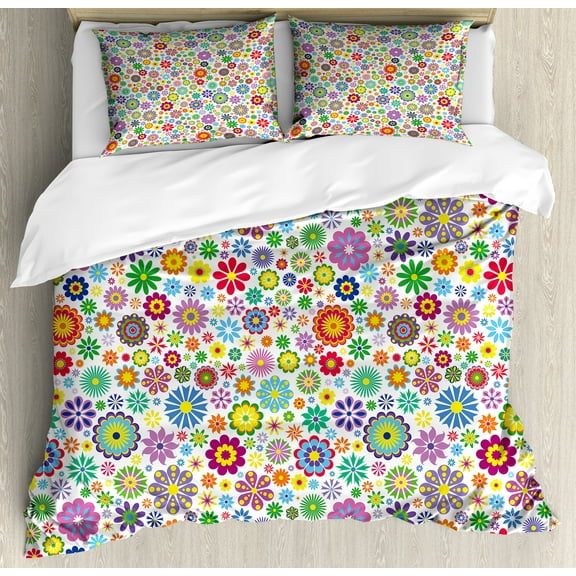 Floral Duvet Cover Set, Flowers Peace Hippie Style Flourishing Blooms Petals Beauty Cheerful Season, Decorative 3 Piece Bedding Set with 2 Pillow Shams, Calking Size, Multicolor, by Ambesonne