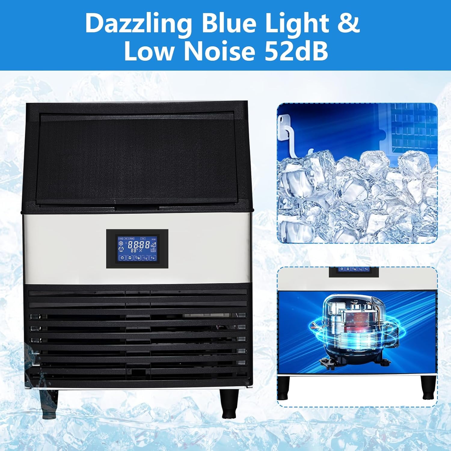 NEILA Commercial Ice Maker Machine 440LBS/24H,Undercounter Ice Maker with 40L Ice Storage Capacity,8 * 20 Ice Cube Freestanding Ice Maker,Stainless Steel Ice Machine with LCD Panel with Blue Light