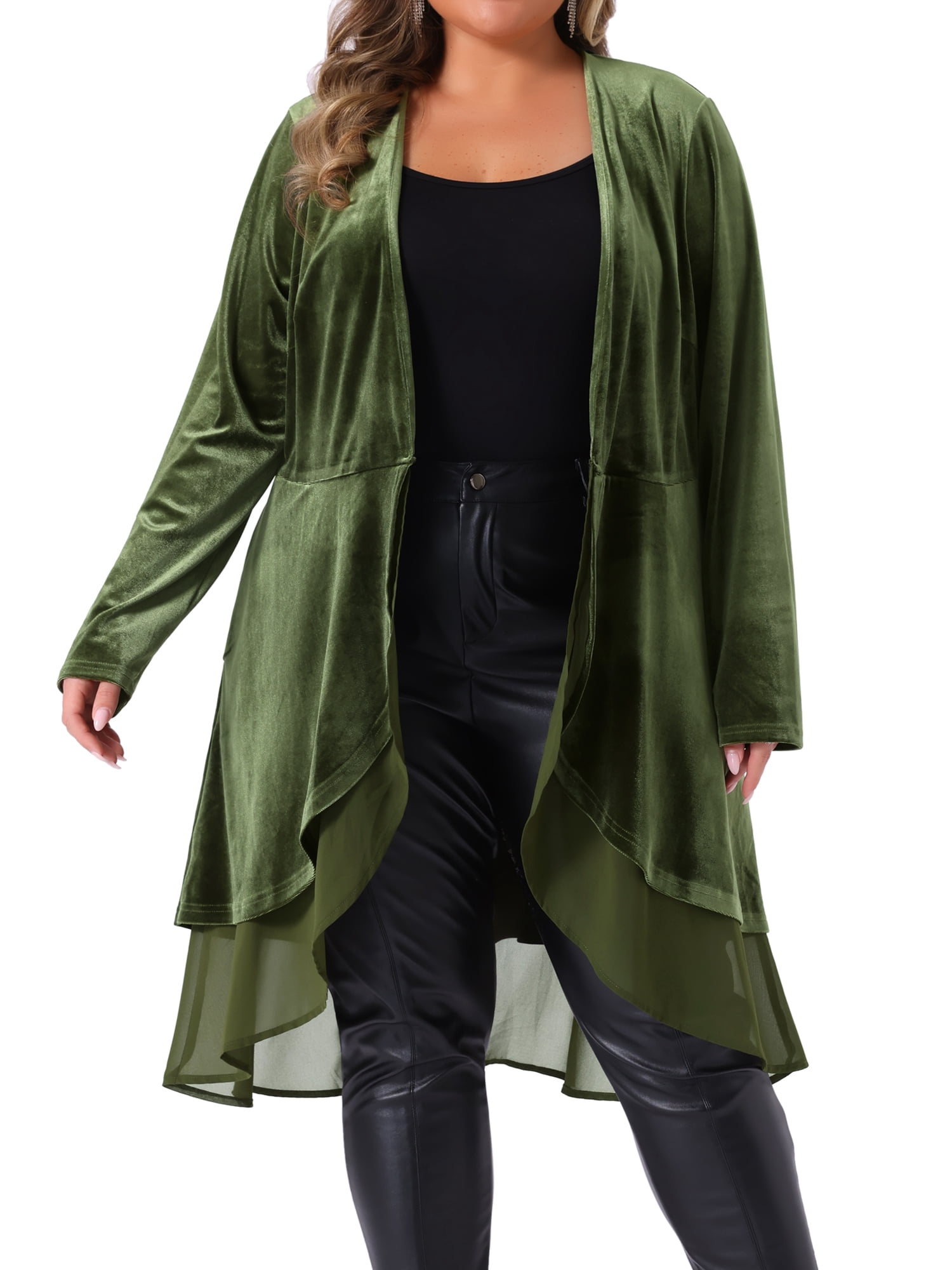 DARING DIVA Women's Plus Size Ruffled Asymmetric Open Front Velvet Jackets 2X Army Green