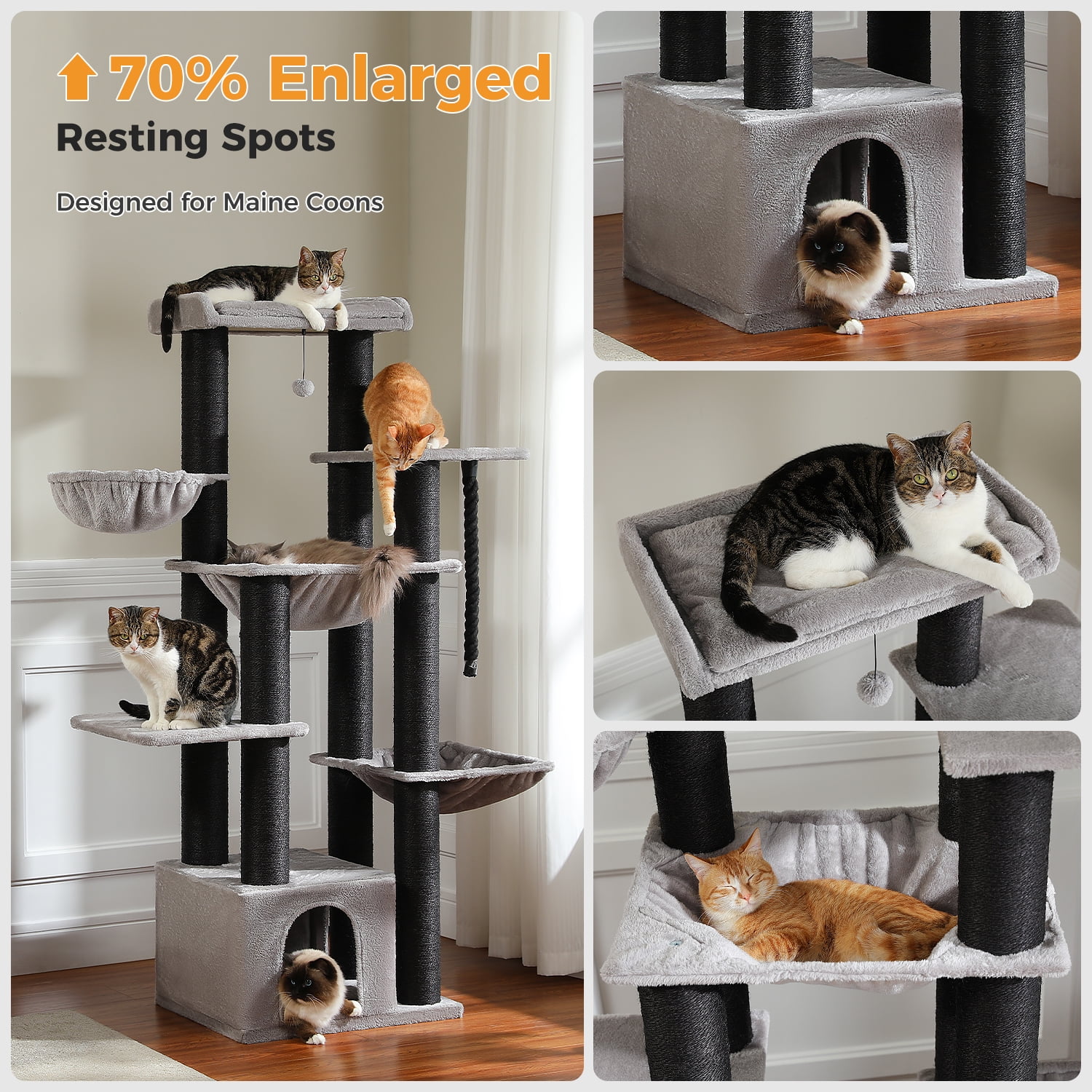 PEQULTI 67" Multi-Level Cat Tree with Super Large Scratching Posts Cat Tower with 3 Hammocks Black