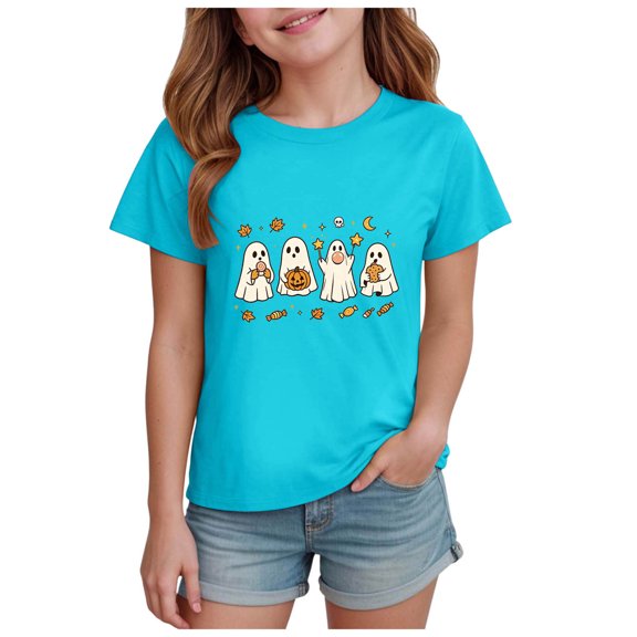 PEASKJP Tween Girl Summer Clothes T Shirts for Girl Graphic Girl's Short Sleeve Crewneck T Shirt for Summer Halloween Shirts (Sky Blue,9-10 Years)