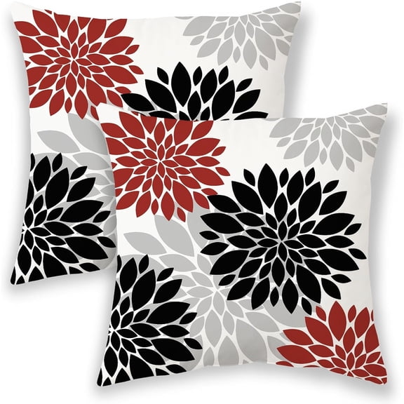 Ryan; Red Black Summer Outdoor Pillow Covers 18x18 Inch 2 Pcs, Spring Geometric Elegant Dahlia Floral Decorative Throw Pillows, Grey Flower Decor Pillowcase Cushion Cover Gift for Bed Car