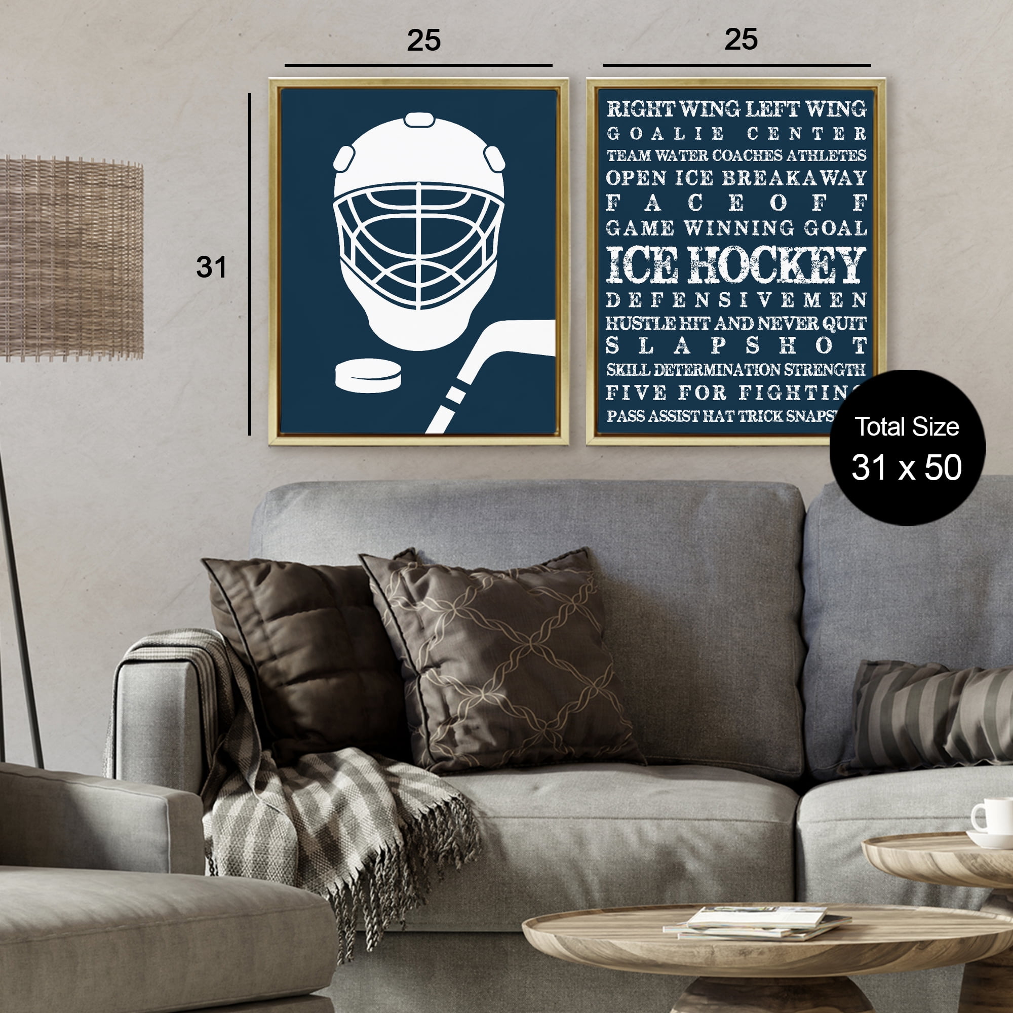 Stupell Industries Hockey Equipment & Phrases 2 Piece Gold Framed Floater Canvas Set, design by Melody Hogan