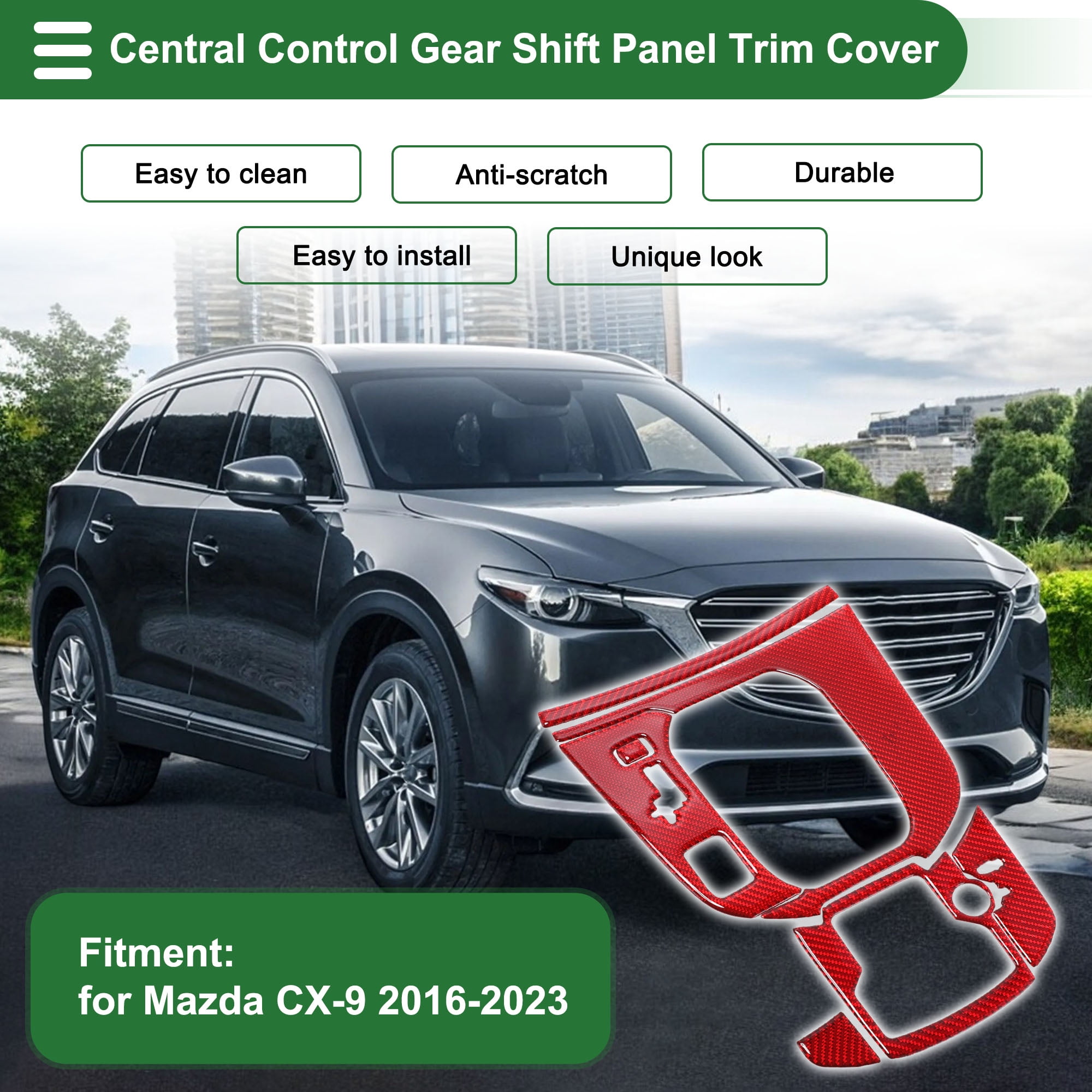 Unique Bargains Central Control Gear Shift Panel Trim Cover for Mazda CX-9 2016-2023 Gear Shift Control Anti-Scratch Panel Sticker Carbon Fiber Red Full Coverage