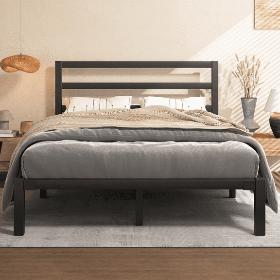 Queen Metal Platform Bed Frame with Headboard, Stable & Noiseless, Black