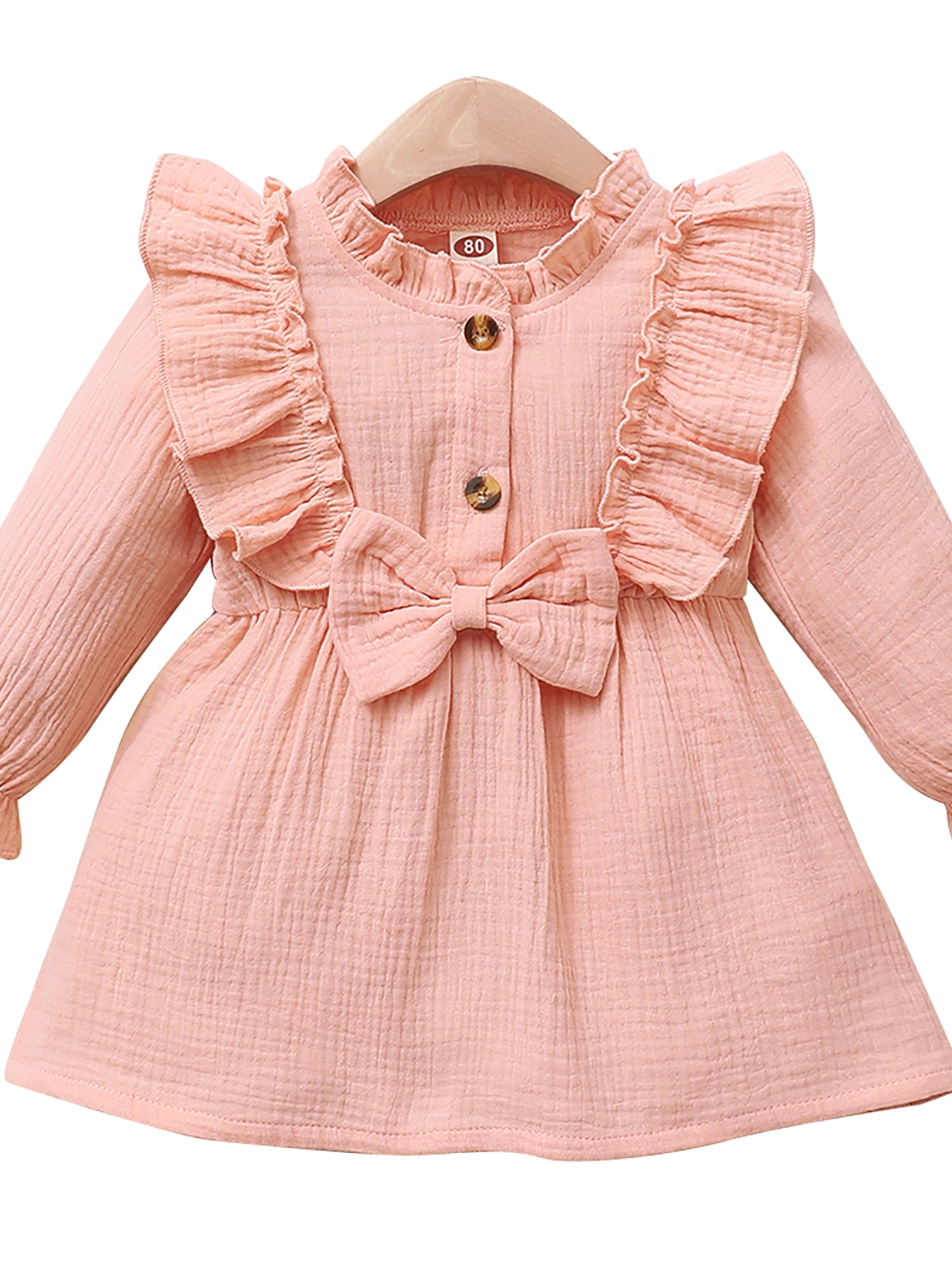 Infant Toddler Baby Girls Dress Pink Ruffle Long Sleeves Cotton 