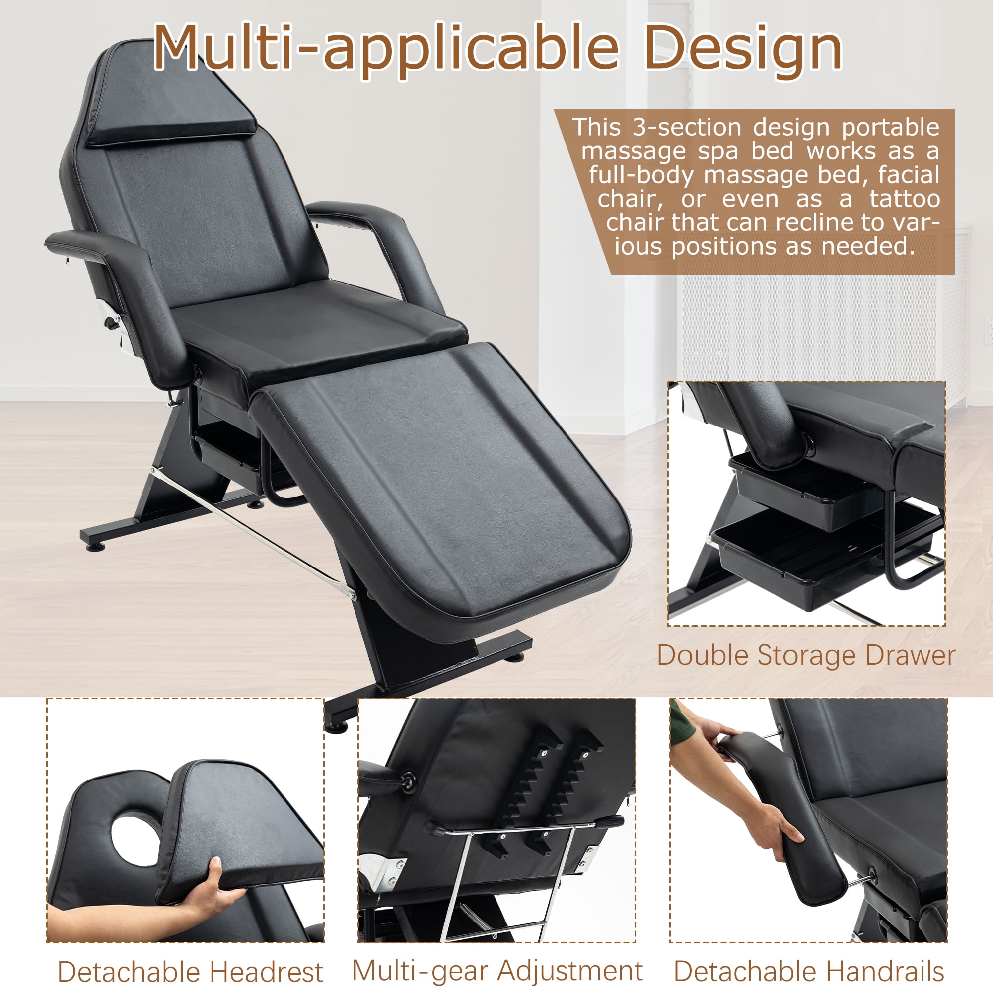 Miniyam 72.7" x 24.4" x 27.6" 3-in-1 Massage Bed & Tattoo Chair – 2 Trays, Hydraulic Stool, Adjustable 3 Sections – for Facial, Beauty, Barber – Black
