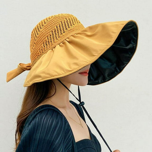 CoCopeaunt Big-Brimmed Fishermans Hat sun Block Cap UV Black Glue Hollow Top Hat Sun Block Face Beach Hollow Straw Hat