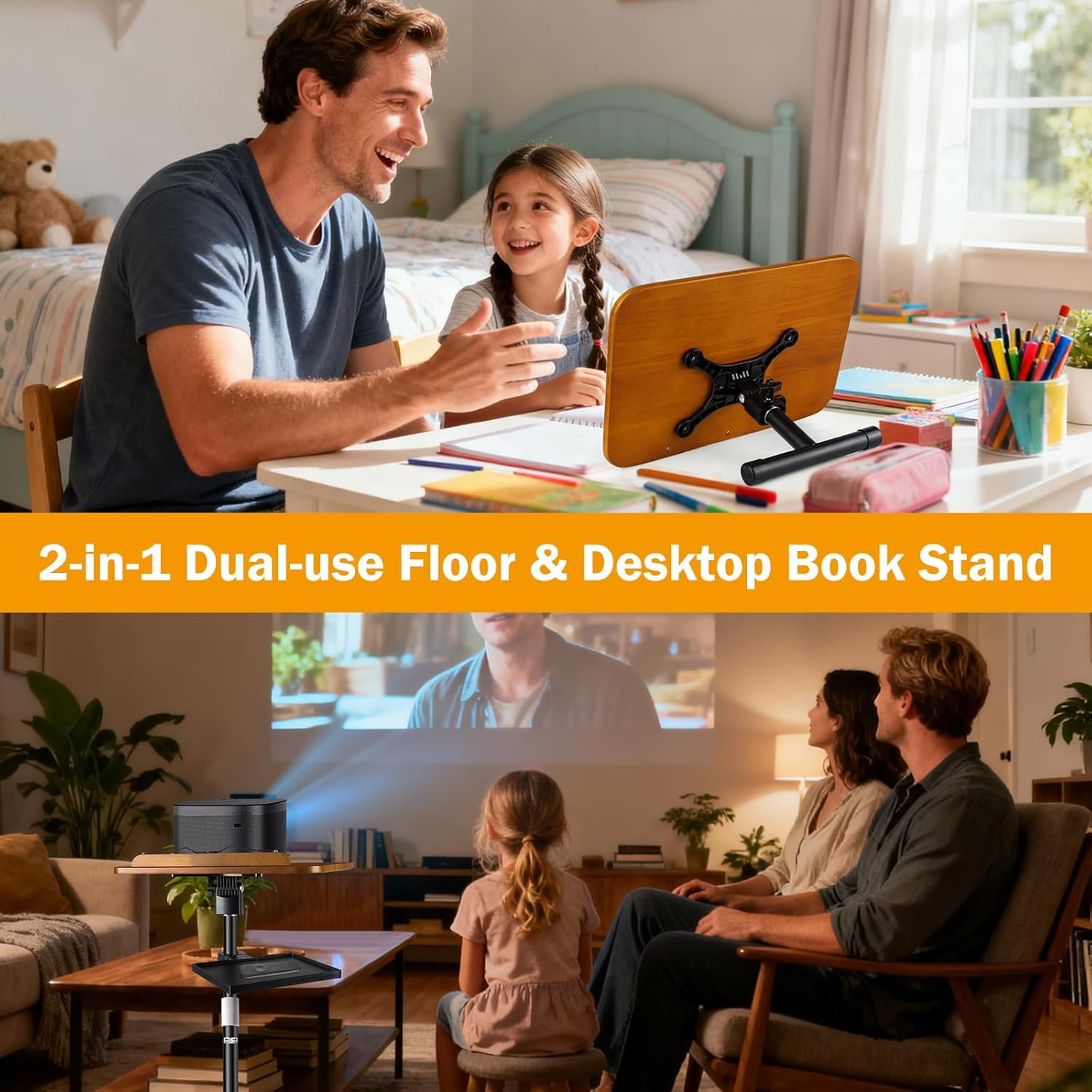 2-in-1 Adjustable Book Stand & Music Stand, 22-51in Dual-Use Floor and Desktop Book Holder Stand, Heavy Duty Solid Wood, with Elastic Page Clip for Cookbooks, Sheet Music, Tablet, Laptop, Projector