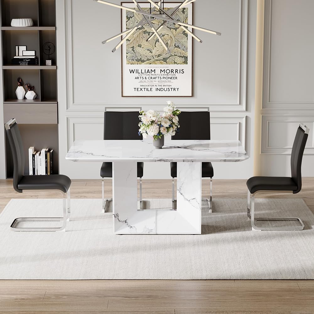 JUFU 5-Piece Dining Table Set with 63" Faux Marble Rectangle Table and 4 Black PU Leather Chairs, Modern Kitchen Table Set for Dining Room