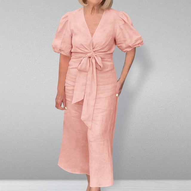 LOVZFMLL Women's Summer Solid Color Short Sleeve -Neck Dress Pink 2XL