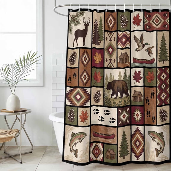Country Patch Plaid Shower Curtain Set, Waterproof Shower Curtains for Bathroom, Brown Farmhouse Retro Bear Deer Cabin Washable Fabric Bath Curtain for Bathtub Decoration with Hooks 66x72 Inches