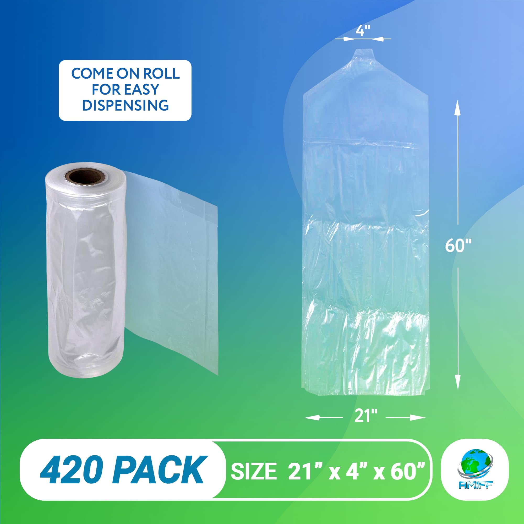 Clear Garment Bags on Roll, Hanging Clothes Hanger Hole, 420 Count, 21 x 4 x 60 in