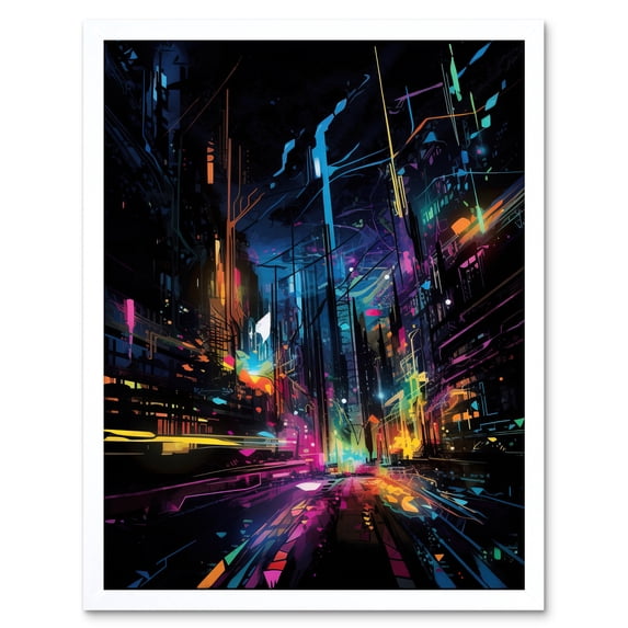 New York City at Night Modern Abstract Neon Contrast Painting Art Print Framed Poster Wall Decor 12x16 inch