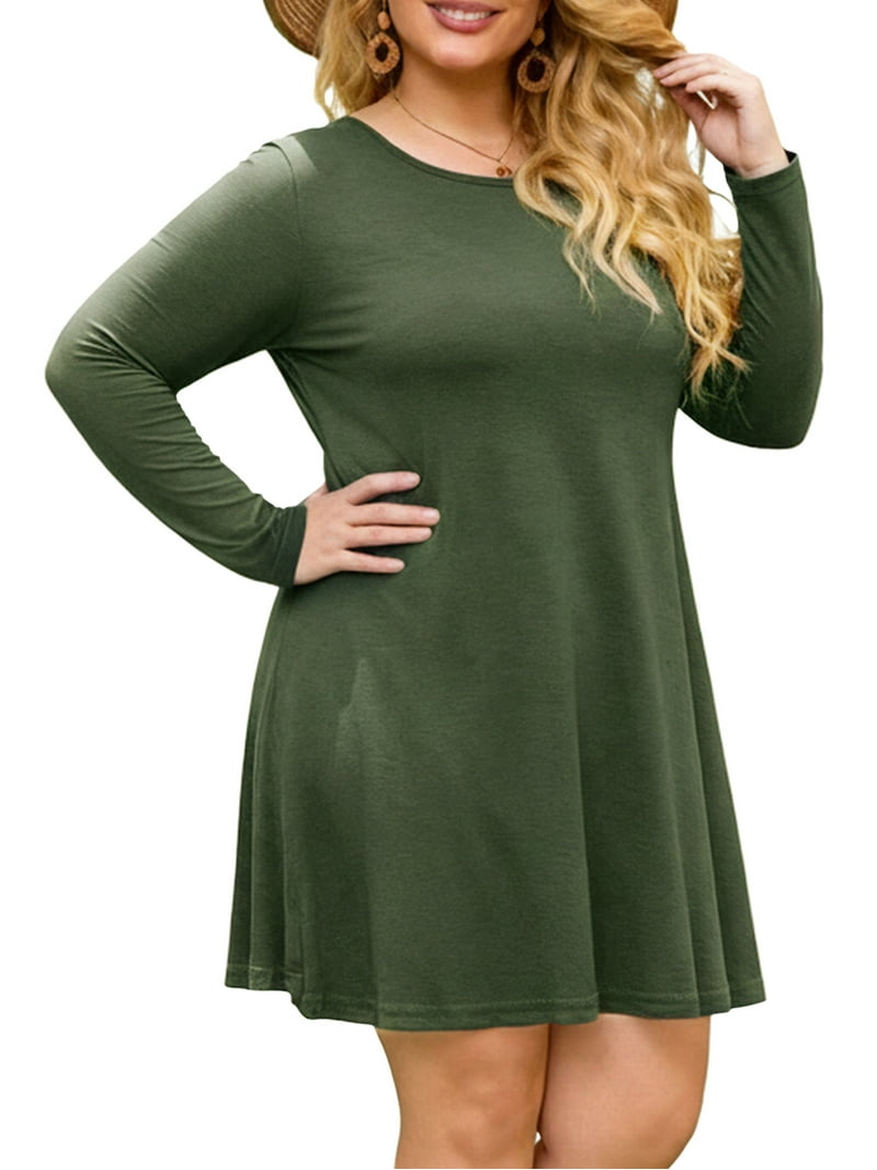 long sleeve green t shirt dress FlorCurve Plus Size Dresses for Women Long Sleeve Midi Dress with Pockets  Casual T-Shirt Dresses, Army Green 4XL