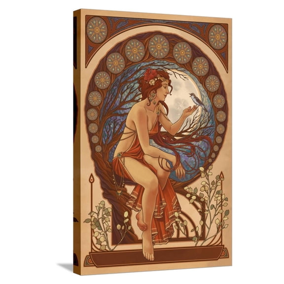 Art.com Woman and Bird - Art Nouveau Stretched Canvas Print Wall Art by Lantern Press, 16" x 24"