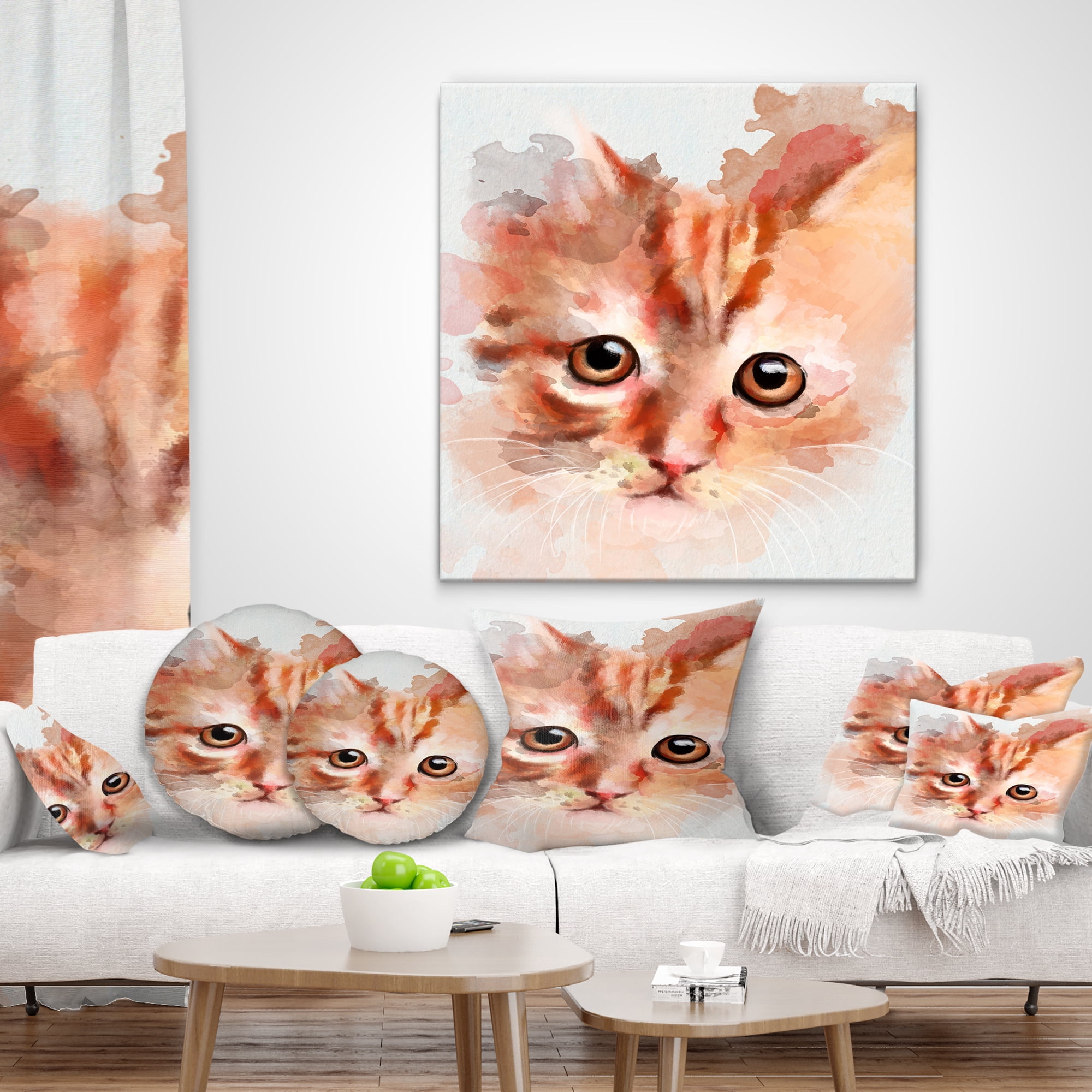 Designart Red Watercolor Kitten Sketch - Animal Throw Pillow - 12x20