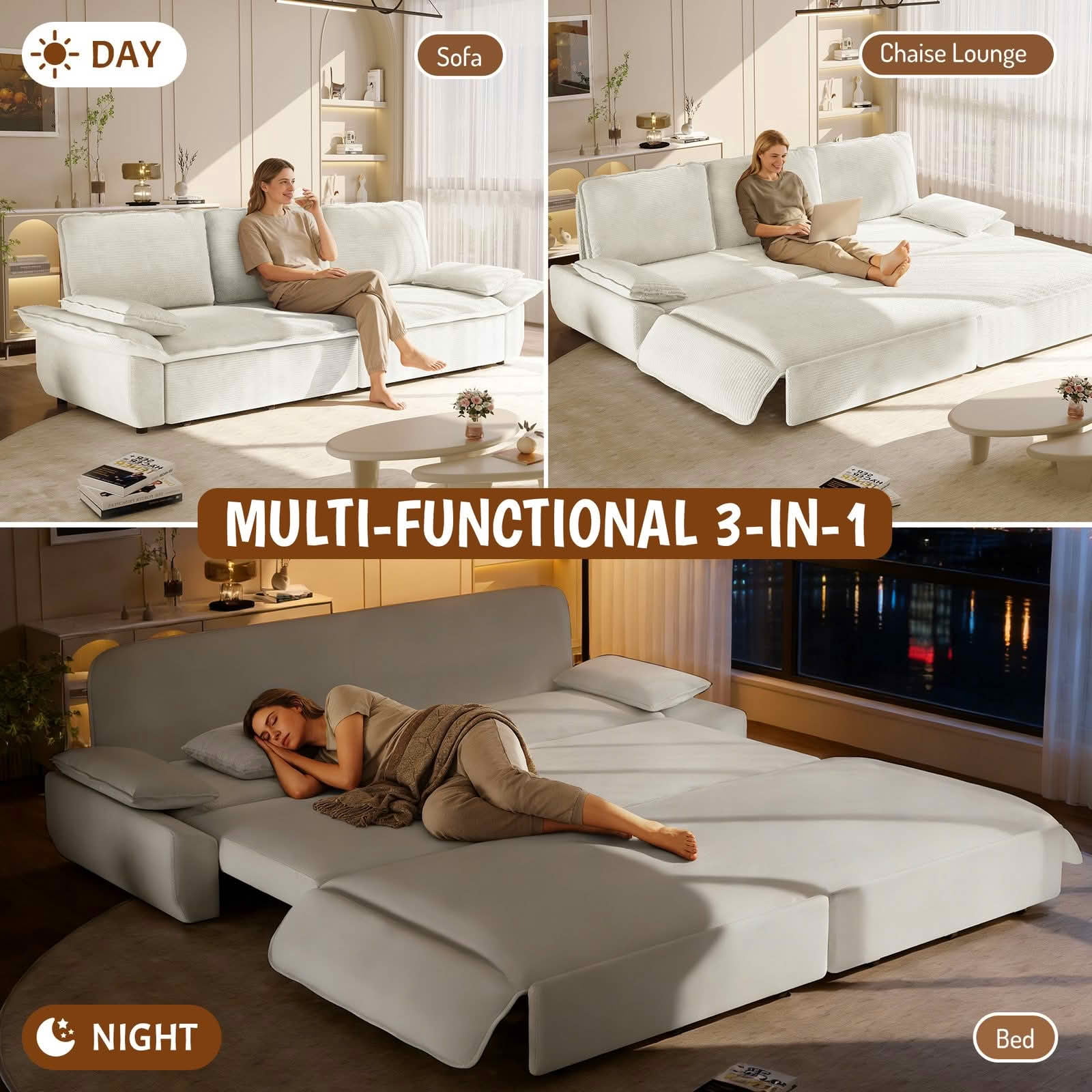 MAYEERTY Modern 73.2‑Inch Queen‑Size Pull‑Out Sleeper Sofa Bed, 3‑in‑1 Multi‑Functional Convertible Velvet Loveseat Couch for Living Rooms and Bedrooms
