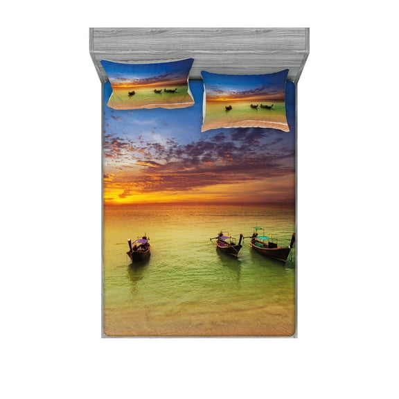 Ambesonne Tropical Fitted Sheet & Pillow Sham Set, Thailand Boat in Ocean, Full, Multicolor
