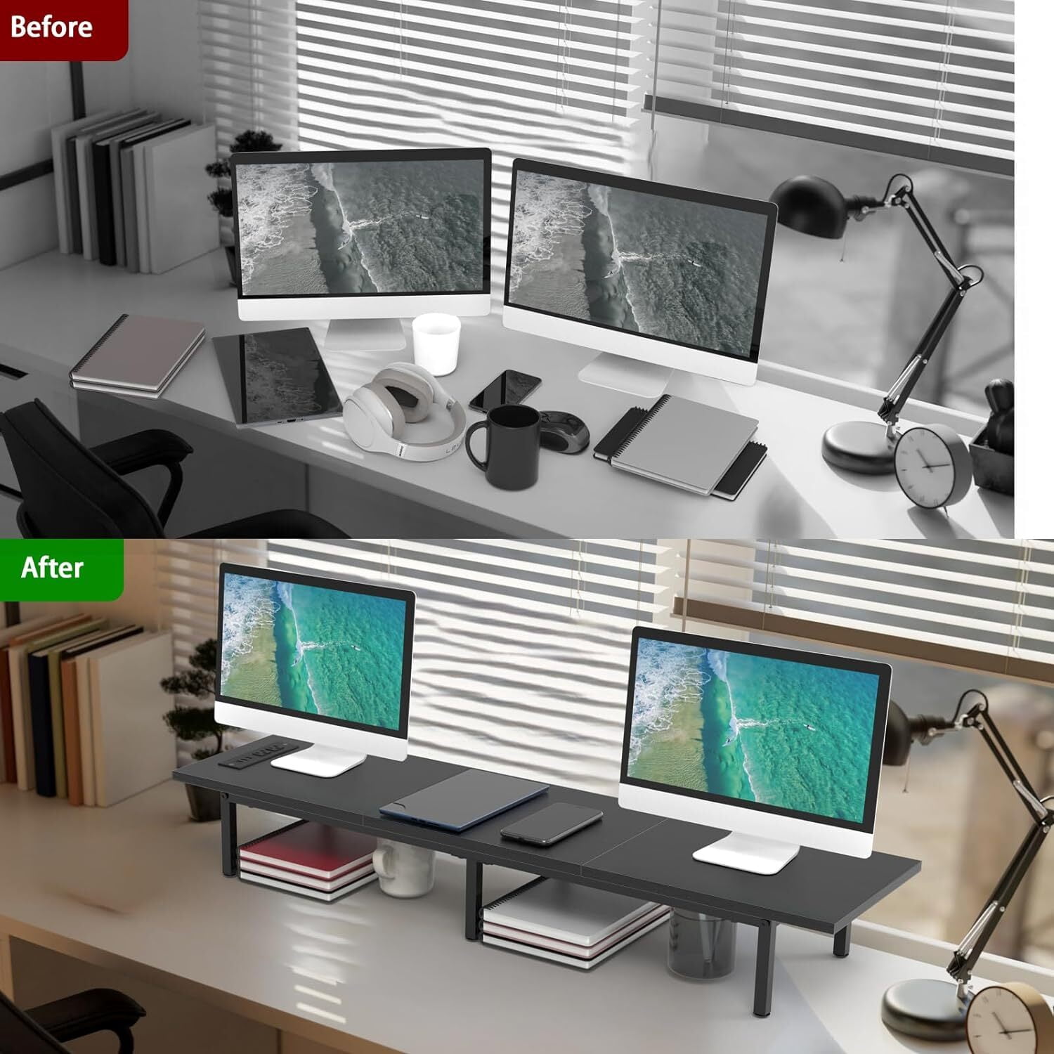 Dual Monitor Stand Riser, 37.5" Desktop Organizer for 2 Monitors Wood & Steel TV/Laptop/Printer Holder with Integrated USB Ports Black