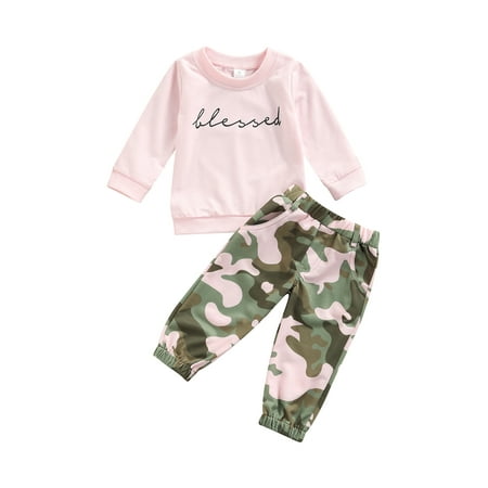 

Qtinghua Toddler Baby Girls 2Pcs Outfits Blessed Long Sleeve Sweatshirt Tops + Camouflage Pants Fall Winter Clothes Pink 1-2 Years