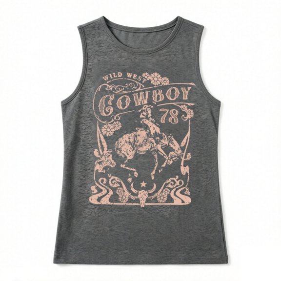 DHFJKG Vintage Tank Tops For Women Loose Fit Cowboy Graphic Sleeveless Crew Neck Summer Top