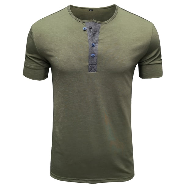 Hombres manga corta casual moda cuello redondo pulóver botones camiseta blusa Pompotops oipoqjl3139