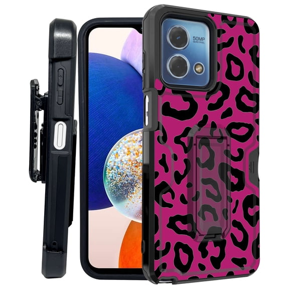 ANJ  Rugged Shockproof Kickstand Hybrid Case with Card Slot and Holster   Tempered Glass Cover for Motorola Moto G Stylus 5G (2023) - Hot Pink Leopard